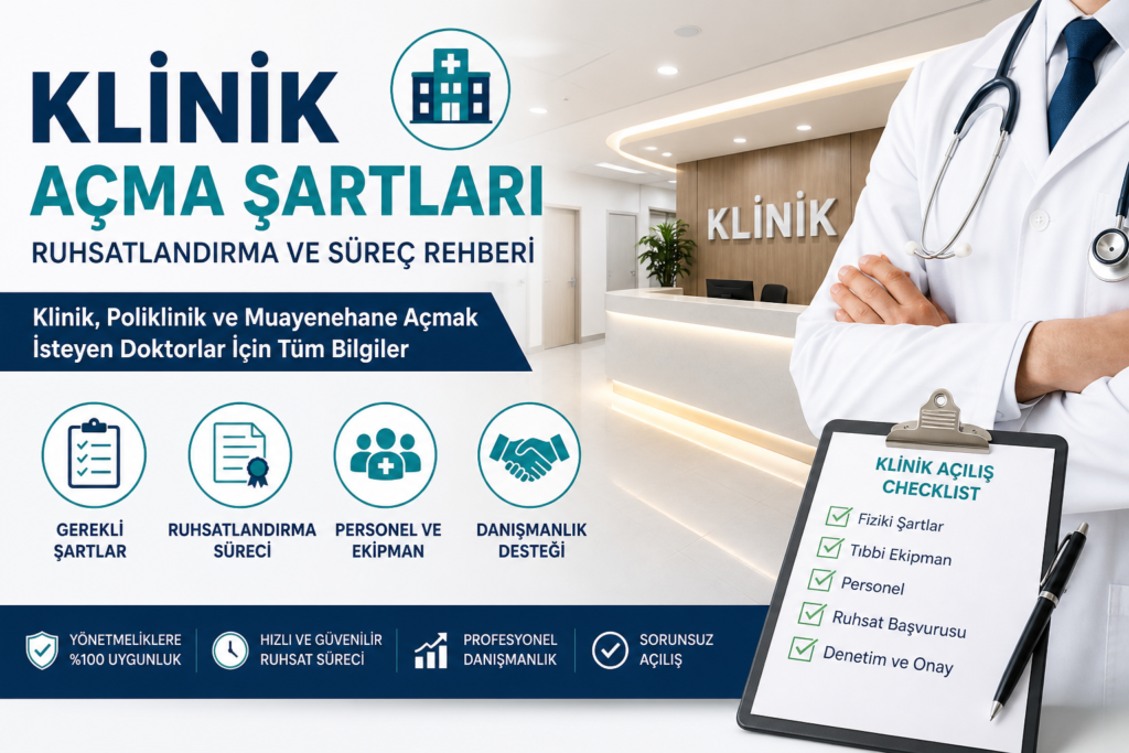 klinik açma şartları, klinik açma şartları 2026, klinik nasıl açılır, klinik açmak için gerekenler, klinik ruhsatı nasıl alınır, özel klinik açma şartları, sağlık kuruluşu açma şartları, muayenehane açmak için gerekenler, muayenehane ruhsatı nasıl alınır, poliklinik açma şartları, poliklinik ruhsatı nasıl alınır, doktorlar için klinik açma rehberi, özel sağlık merkezi açmak, klinik ruhsat danışmanlık, sağlık ruhsat danışmanlık hizmeti, klinik açılış danışmanlık, poliklinik ruhsat danışmanı, sağlık kuruluşu ruhsat danışmanlığı, klinik açma maliyeti 2026, muayenehane açma maliyeti, poliklinik açma maliyeti, klinik ruhsatı kaç günde çıkar, klinik açmak ne kadar sürer, sağlık kuruluşları yönetmeliği, özel hastane yönetmeliği klinik şartları, il sağlık müdürlüğü klinik ruhsat, klinik açma mevzuatı, tıbbi cihaz gereksinimleri, klinik fiziki şartları, sağlık merkezi kurulum süreci, hasta kabul alanı standartları, sterilizasyon şartları klinik