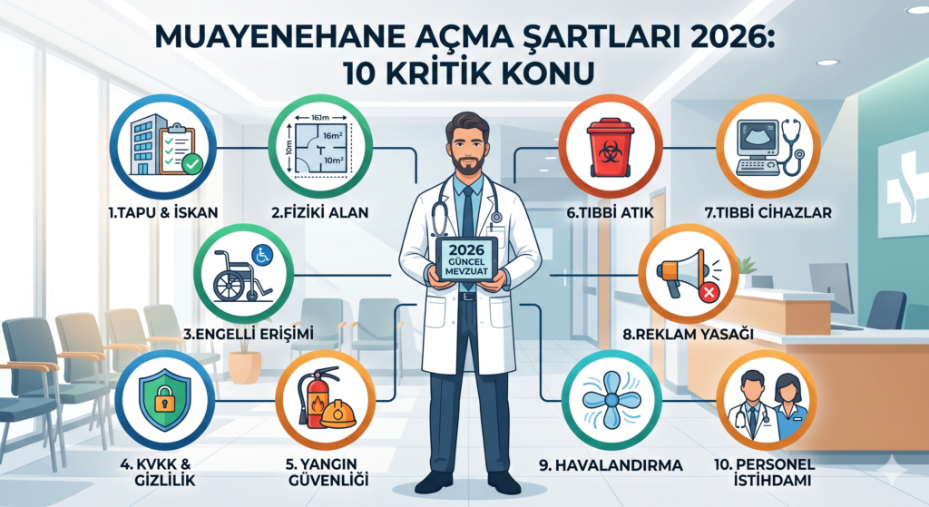 2026 yılı muayenehane açma şartları, güncel muayenehane metrekare şartları ve muayenehane açmak için gerekli belgeler listesi infografiği.