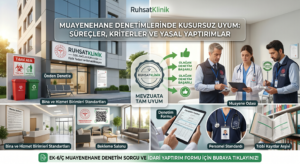 İl Sağlık Müdürlüğü muayenehane denetim kriterleri, yasal yaptırımlar ve idari para cezaları hakkında bilgilendirici infografik görseli.